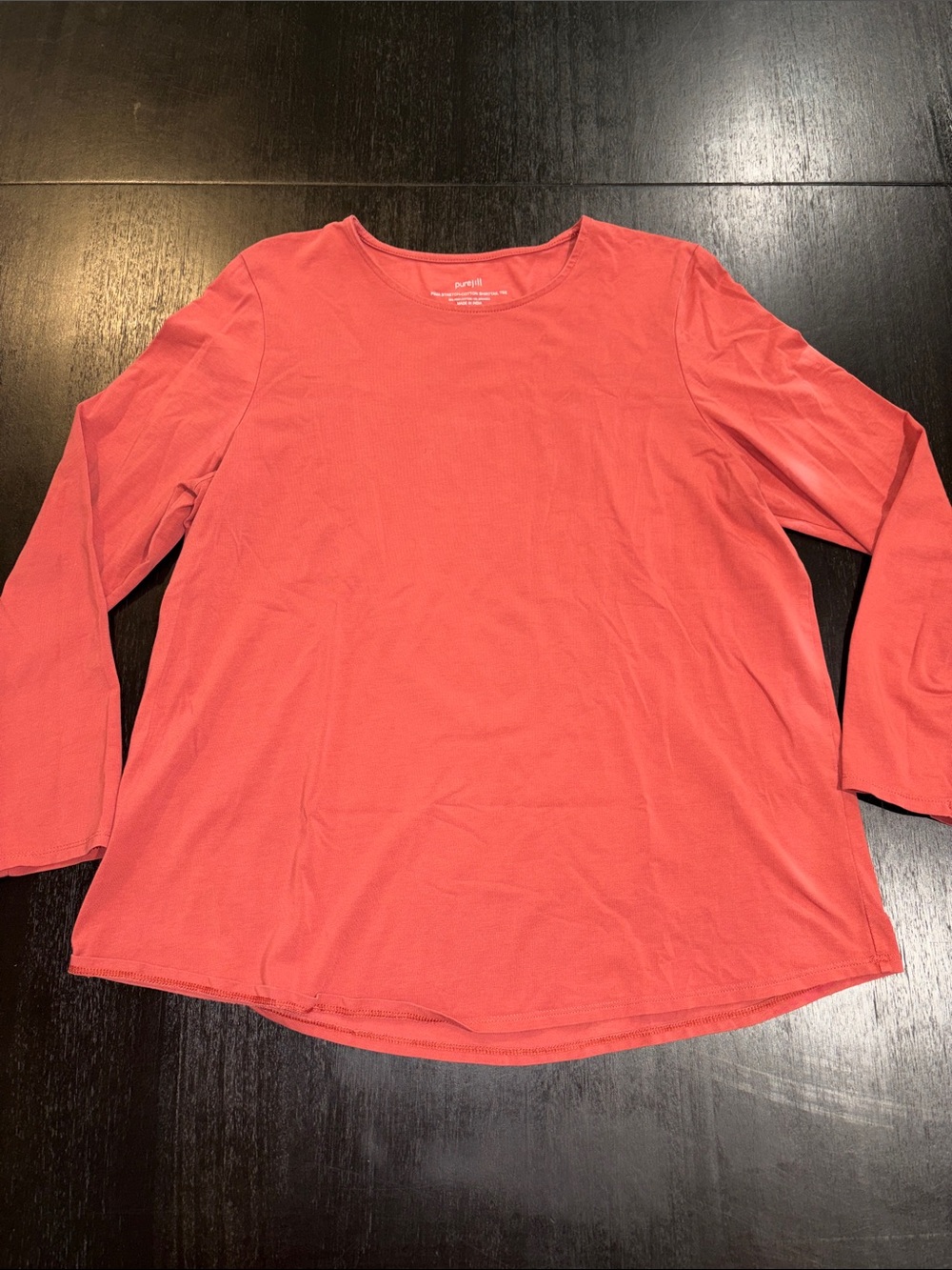 PureJill Pima Stretch Shirttail Long Sleeve Crewneck Tee in Coral Terracota